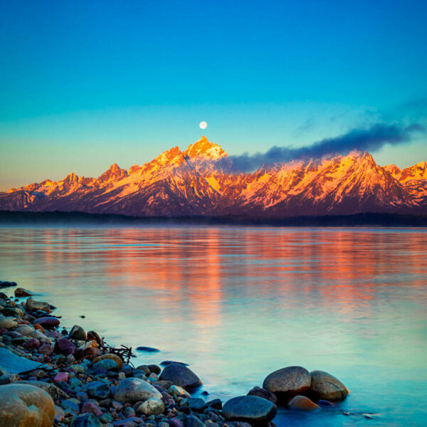Sunrise Moonset. Mountains, Lakes. Landscape photo prints