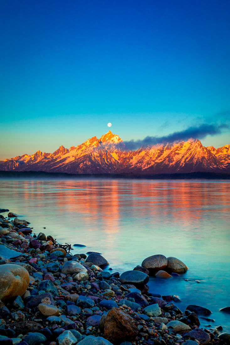 Sunrise Moonset. Mountains, Lakes. Landscape photo prints
